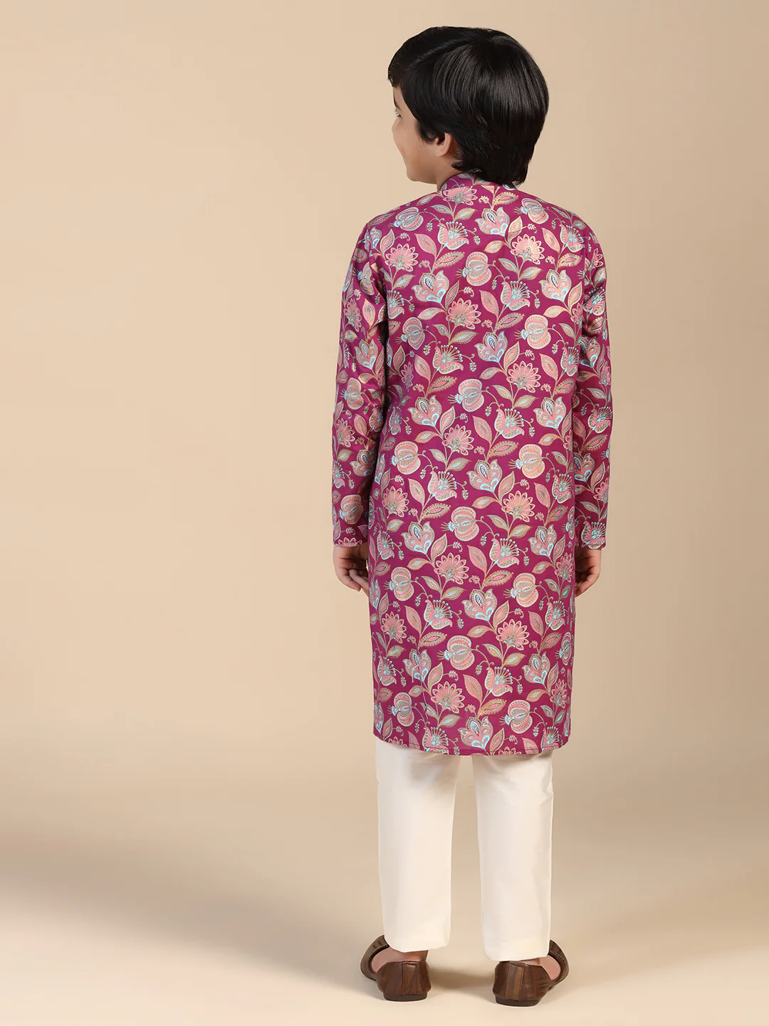 Boy's Hot Pink Floral Printed Kurta - Image 4