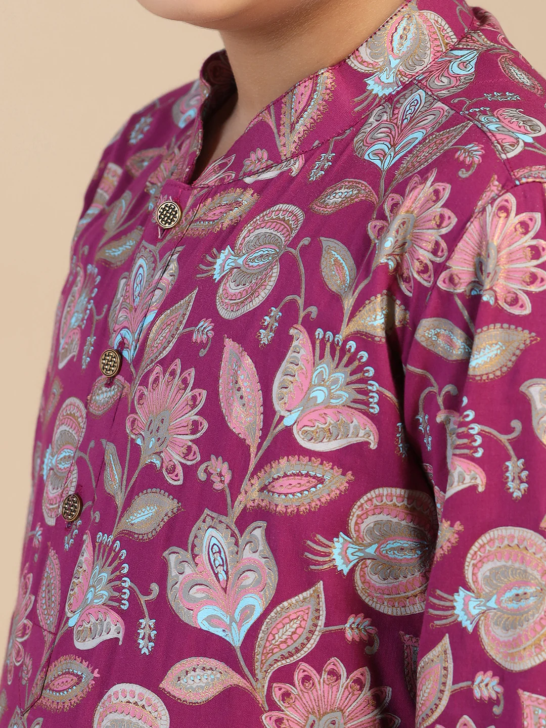 Boy's Hot Pink Floral Printed Kurta - Image 5