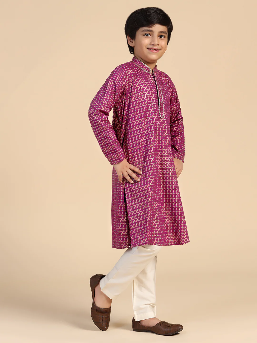 Boy's Hot Pink Printed Kurta - Image 3