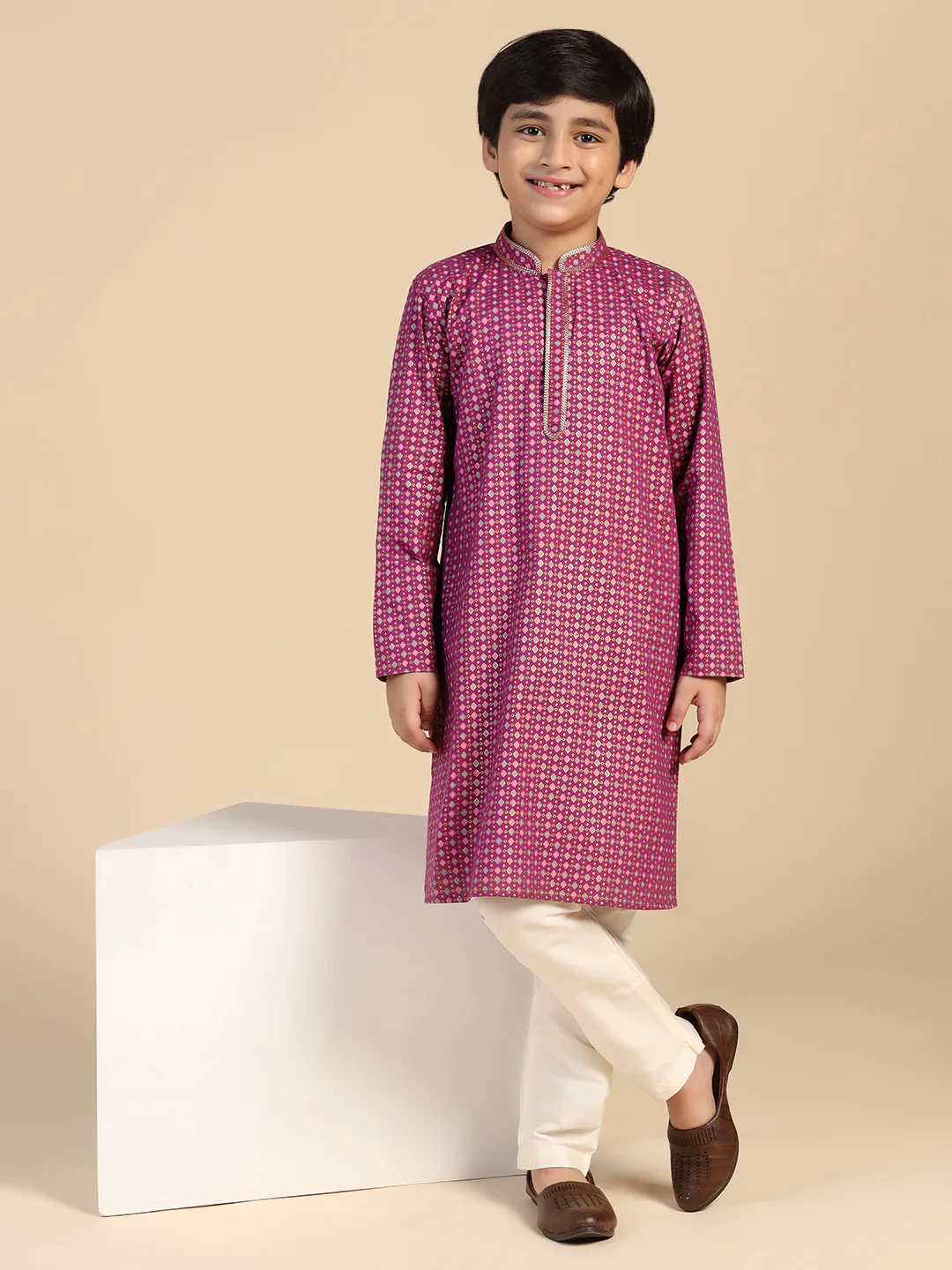 Boy's Hot Pink Printed Kurta Pyjama Set