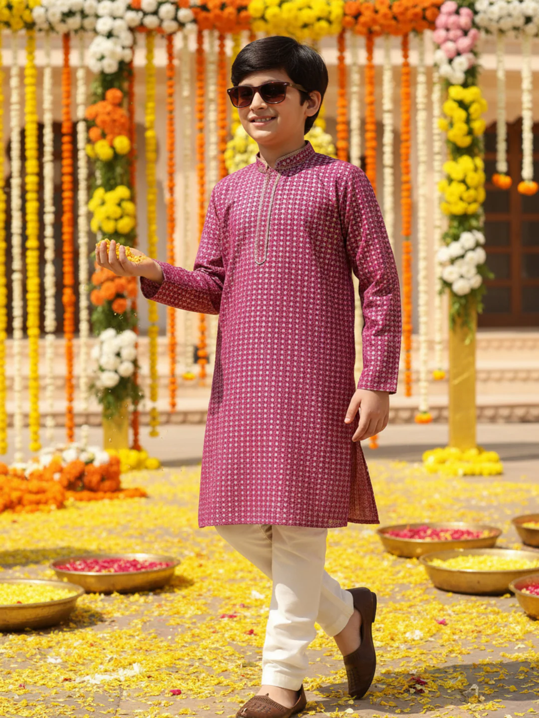Boy's Hot Pink Printed Kurta Pyjama Set - Image 2