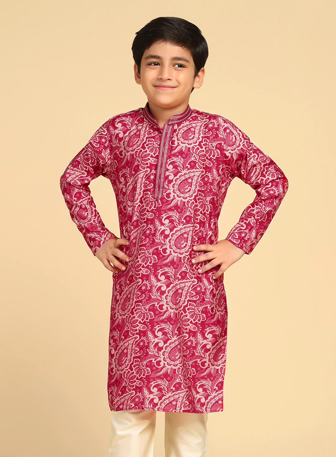 Boy's Hot Pink Printed Paisley Kurta