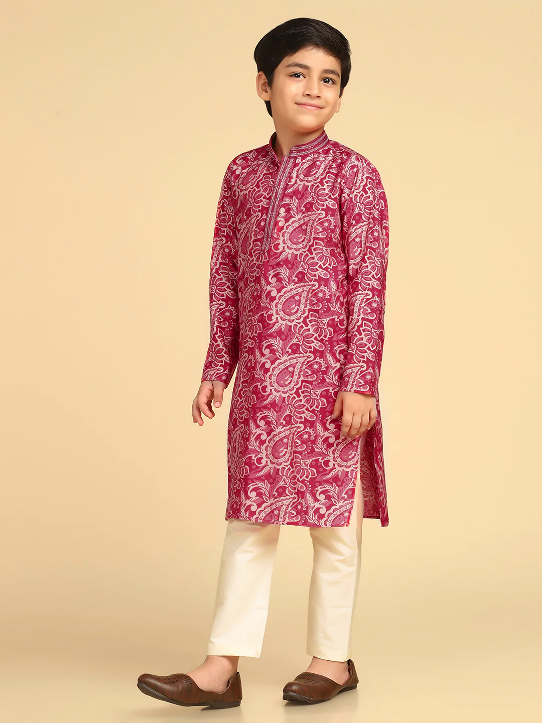 Boy's Hot Pink Printed Paisley Kurta - Image 3