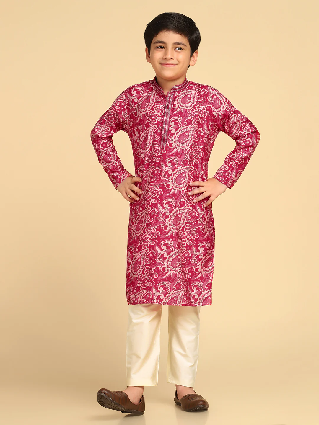Boy's Hot Pink Printed Paisley Kurta Pyjama Set