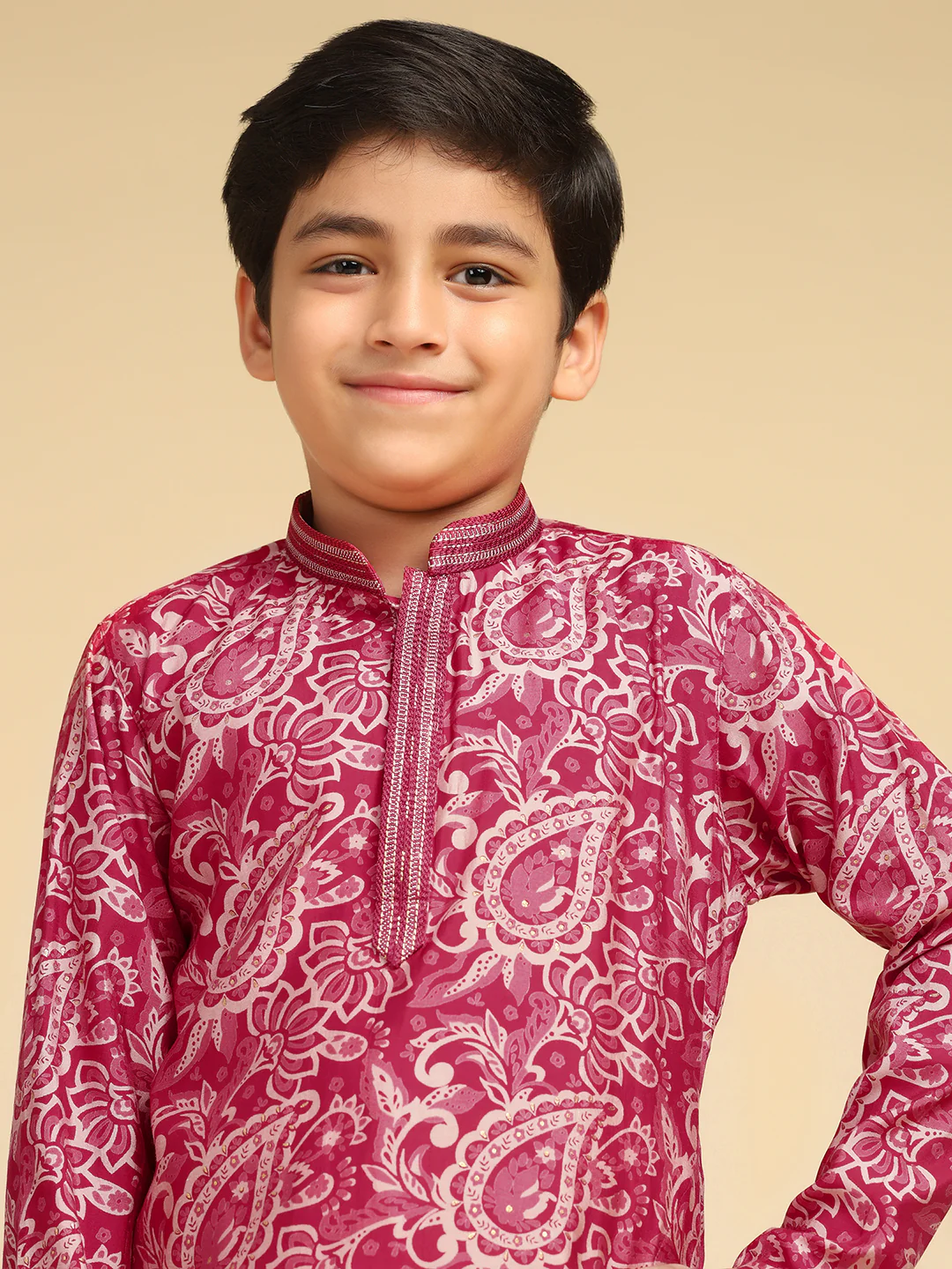 Boy's Hot Pink Printed Paisley Kurta Pyjama Set - Image 8
