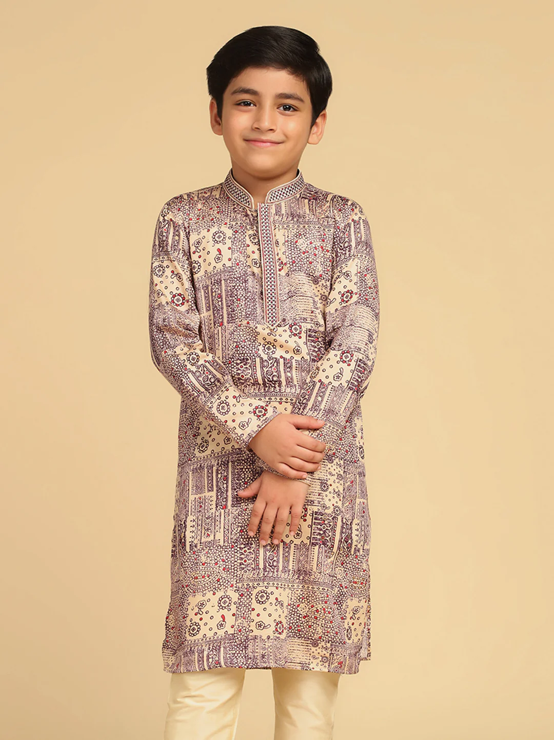 Boy's Magenta Foil Print Abstract Kurta