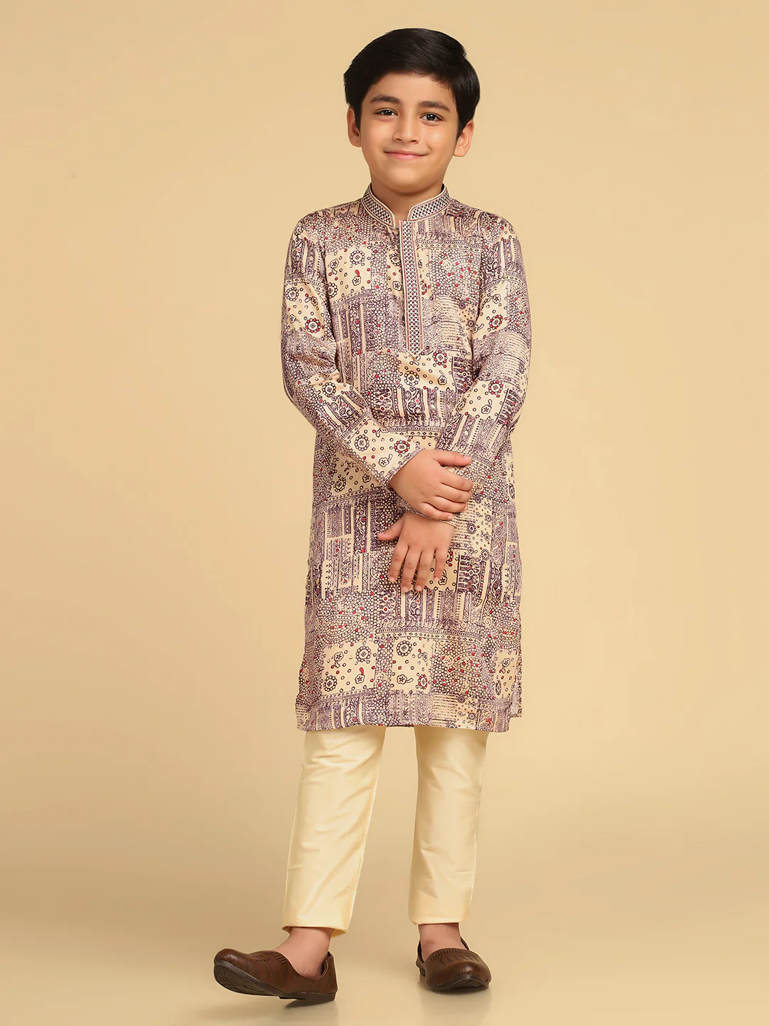 Boy's Magenta Foil Print Abstract Kurta Pyjama Set