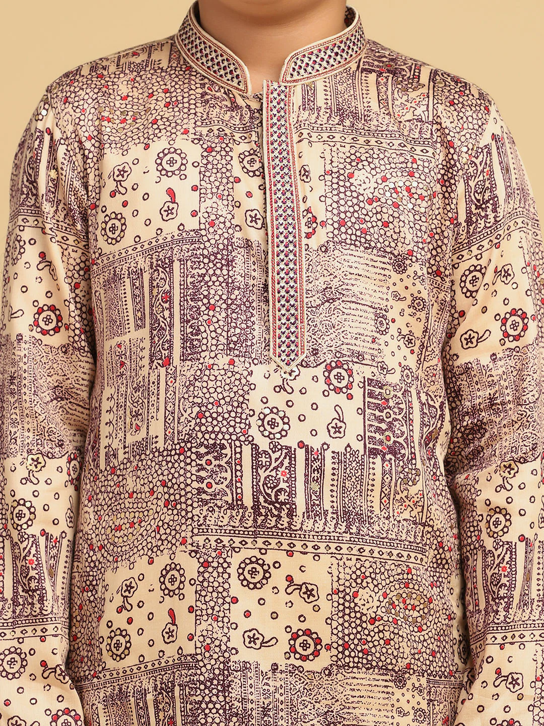 Boy's Magenta Foil Print Abstract Kurta Pyjama Set - Image 5
