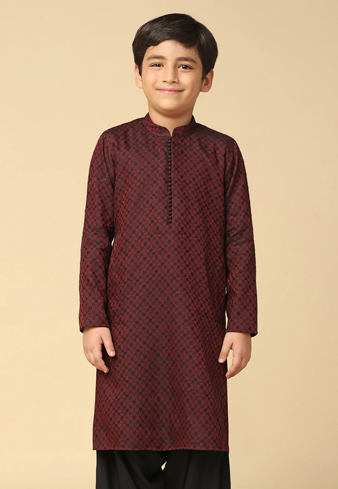 Boy's Maroon Jacquard Abstract Kurta