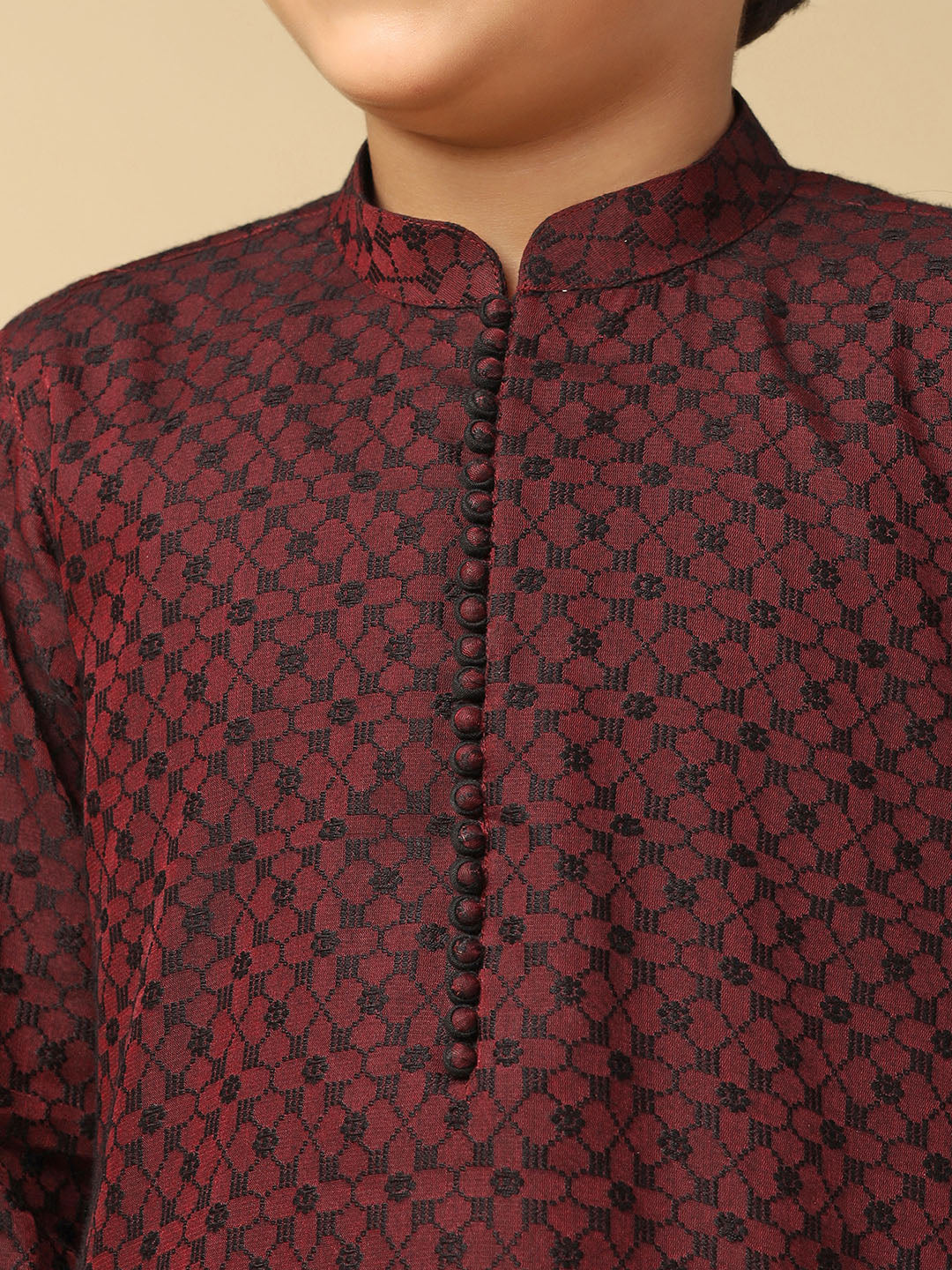 Boy's Maroon Jacquard Abstract Kurta - Image 5