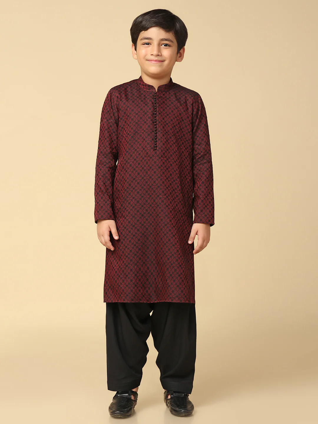 Boy's Maroon Jacquard Abstract Kurta Patiala Set