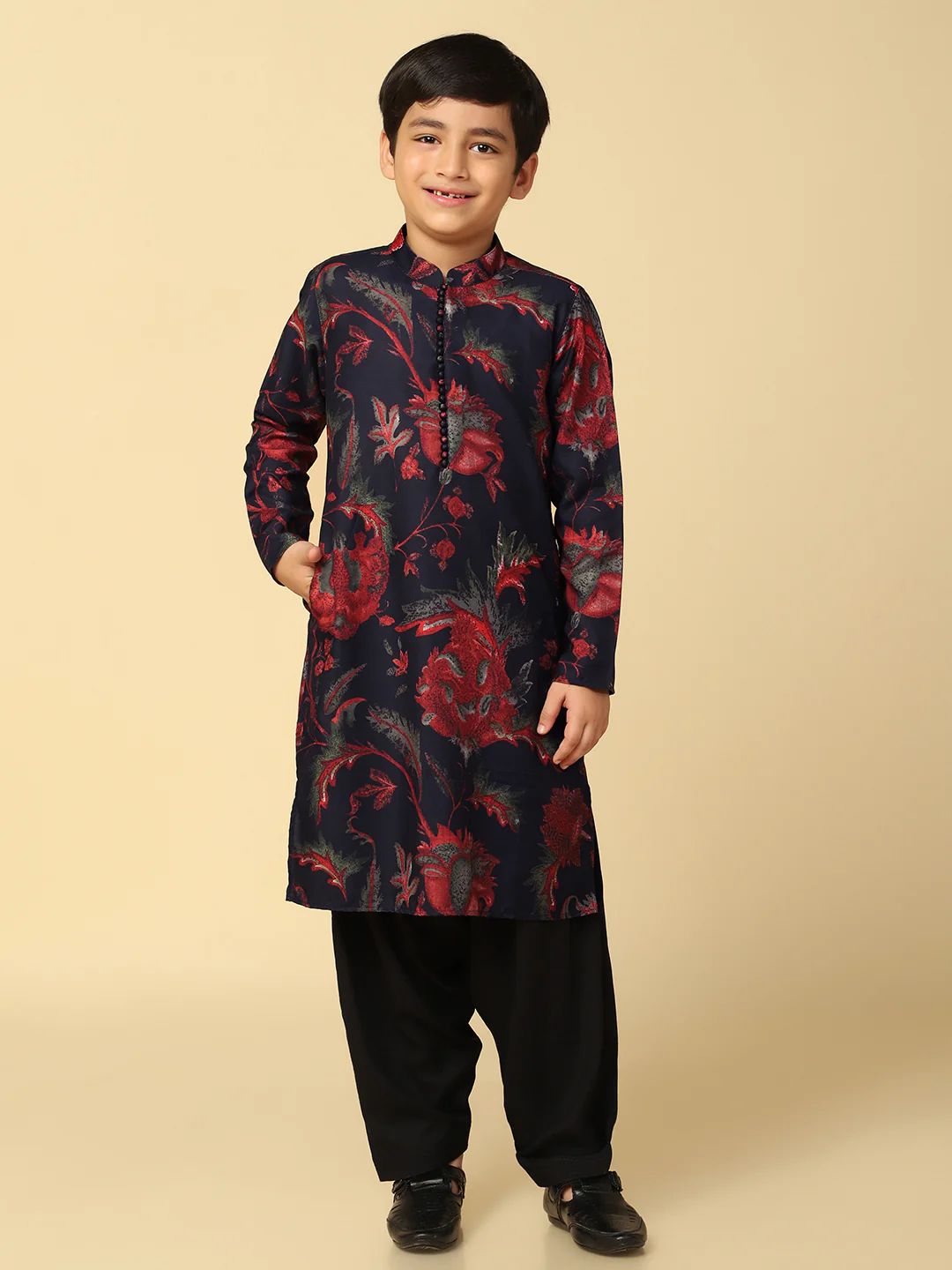 Boy's Maroon Printed Floral Kurta Patiala Set