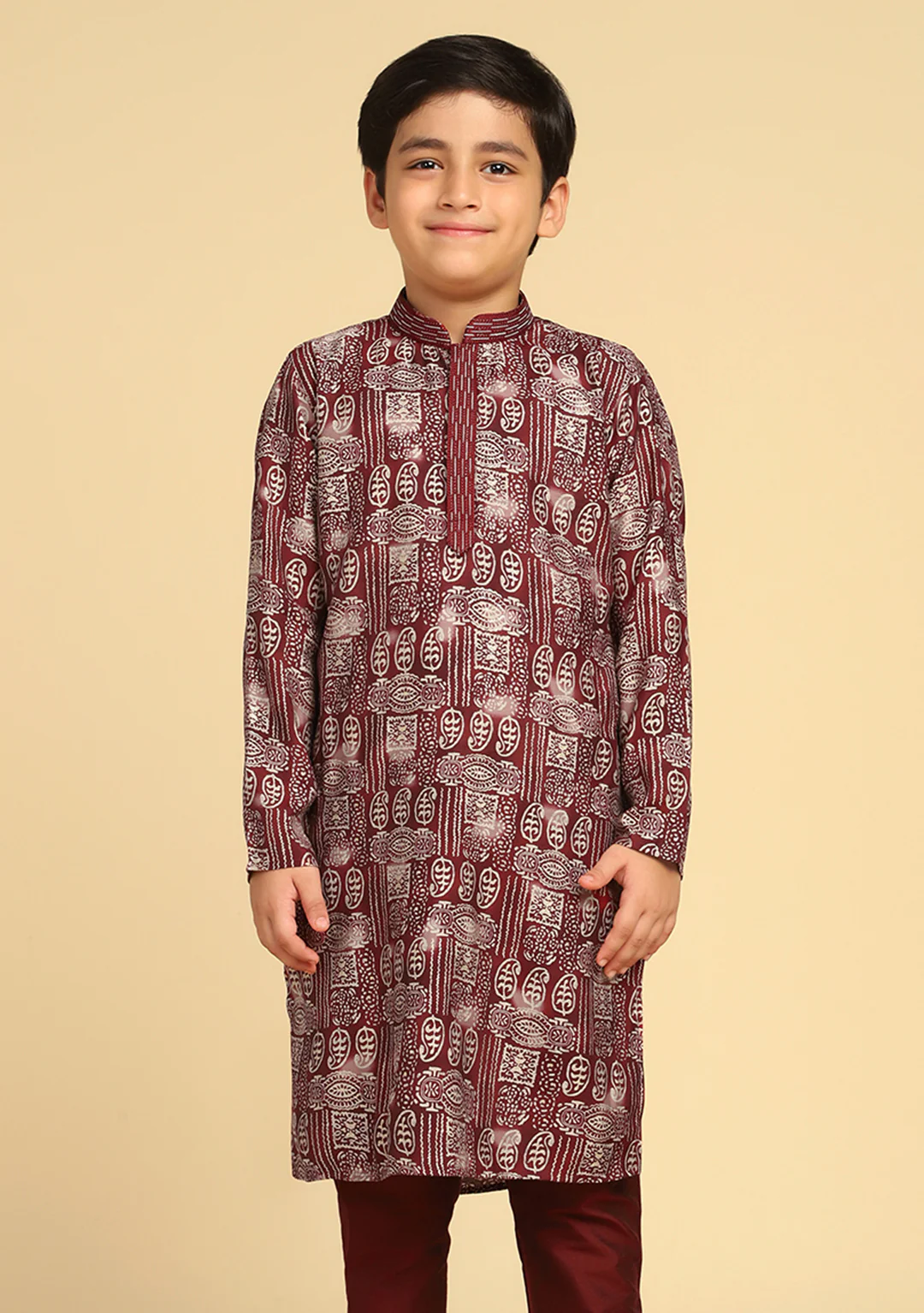 Boy's Maroon Printed Paisley Kurta