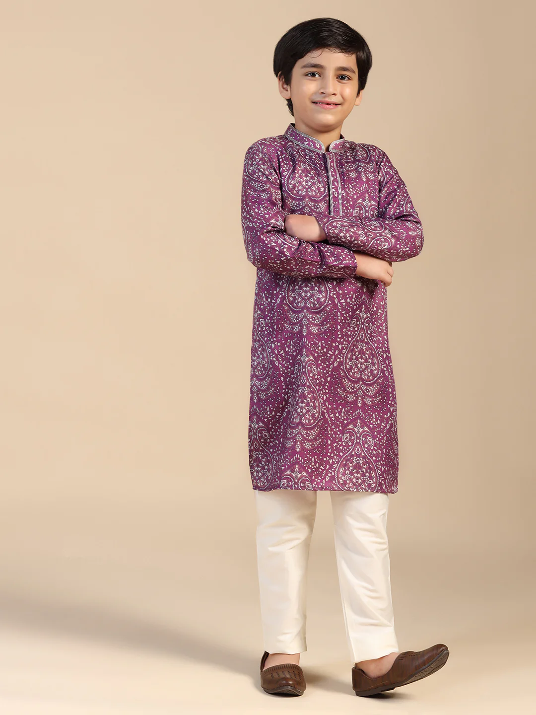 Boy's Mauve Printed Ethnic Motifs Kurta - Image 3
