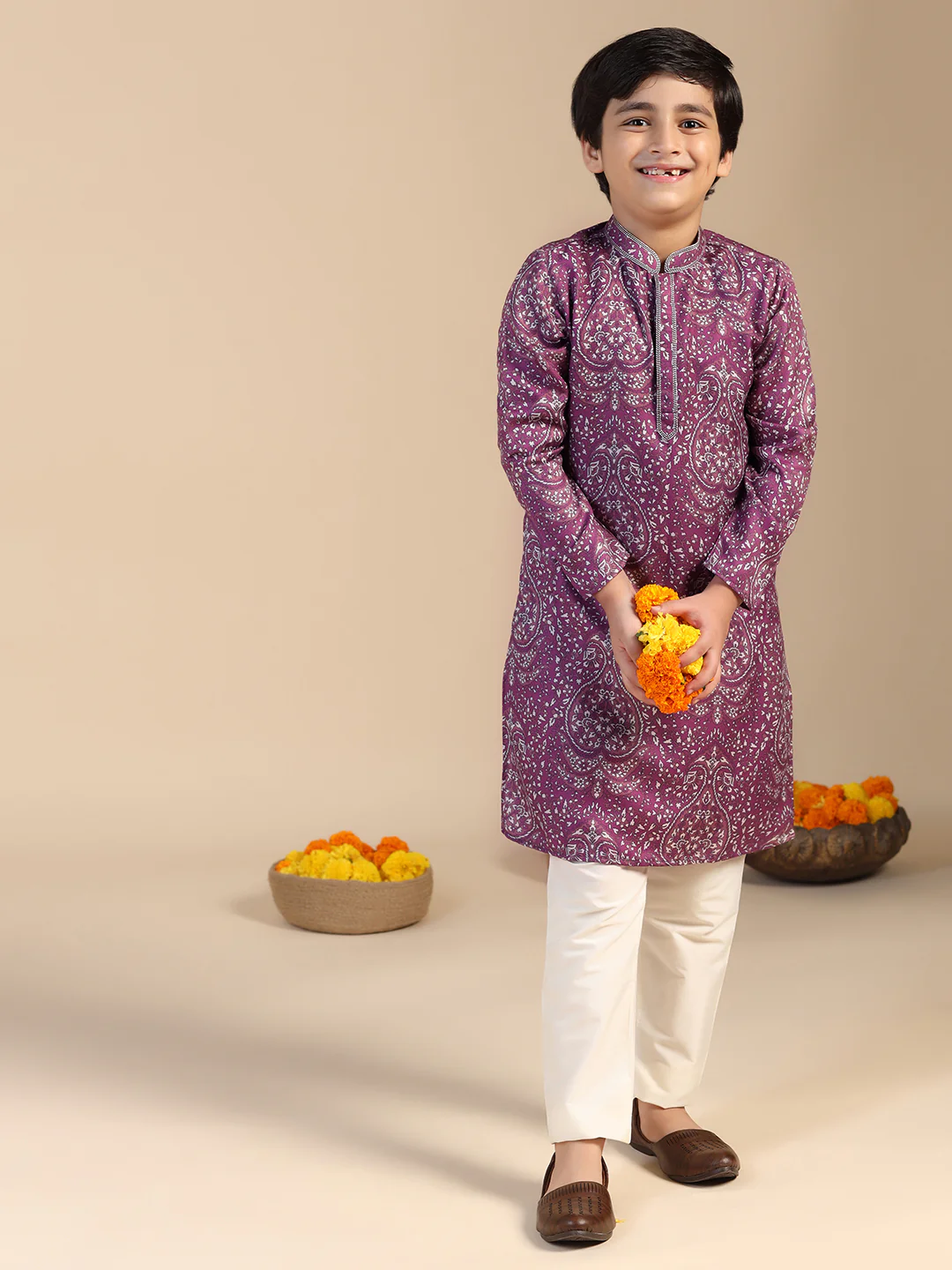 Boy's Mauve Printed Ethnic Motifs Kurta Pyjama Set