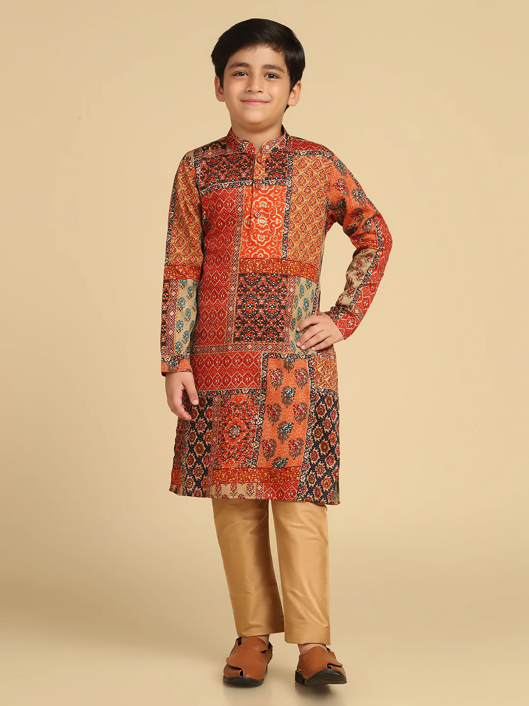 Boy's Multi Foil Print Abstract Kurta Pyjama Set