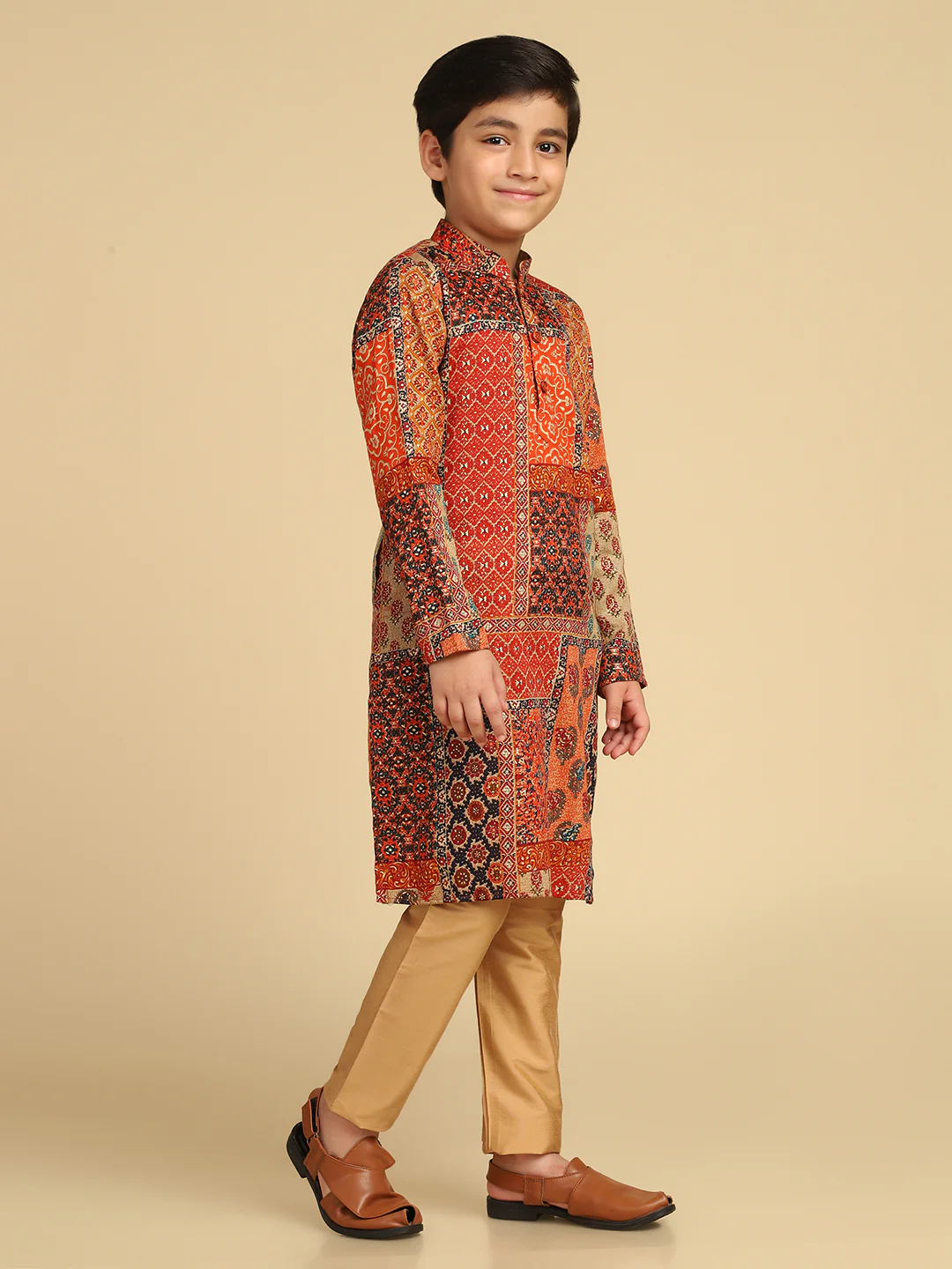 Boy's Multi Foil Print Abstract Kurta Pyjama Set - Image 3