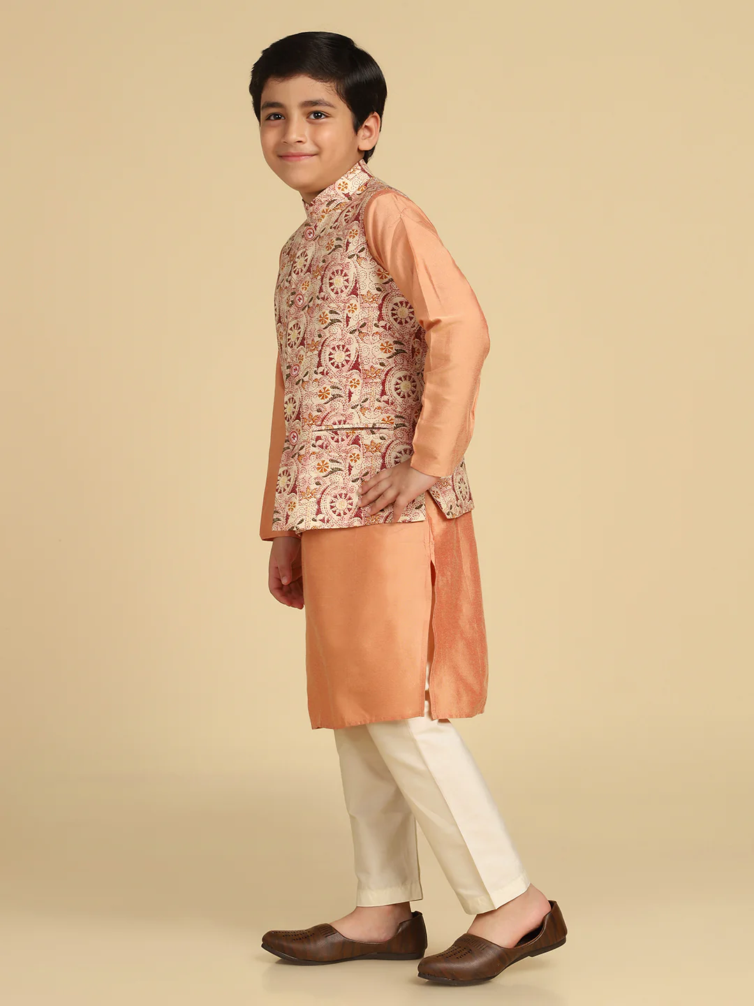 Boy's Multi Kantha Print Kurta Nehru Jacket Pyjama Set - Image 2