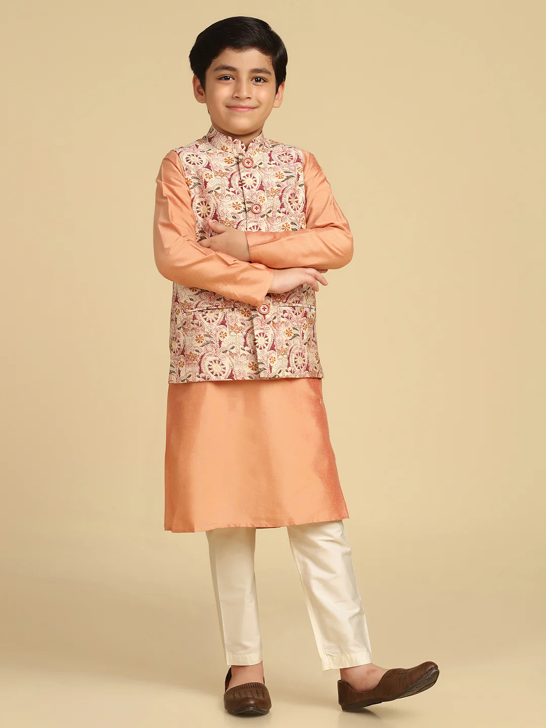 Boy's Multi Kantha Print Kurta Nehru Jacket Pyjama Set - Image 3