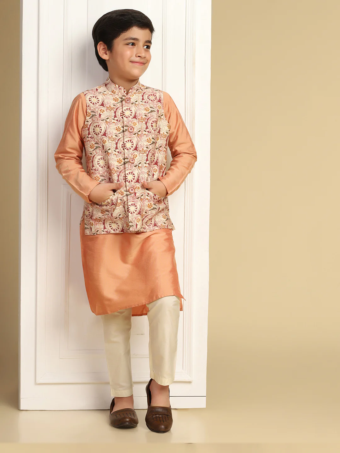 Boy's Multi Kantha Print Kurta Nehru Jacket Pyjama Set - Image 8