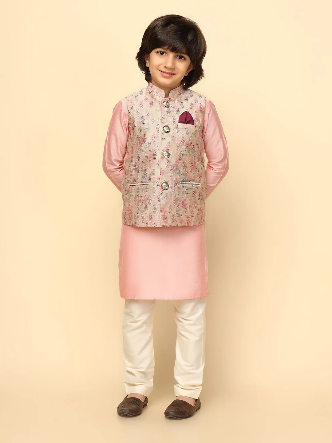 Boy's Pink Printed Kurta Jacket Churidar