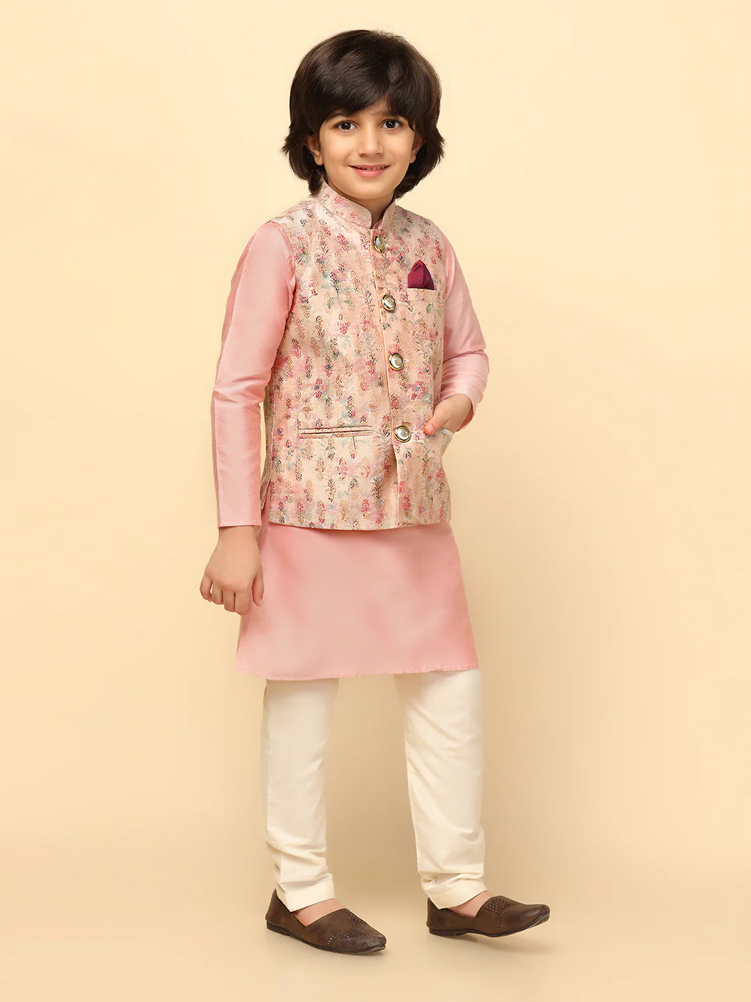 Boy's Pink Printed Kurta Jacket Churidar - Image 2