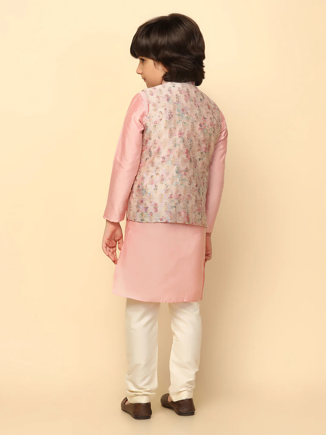 Boy's Pink Printed Kurta Jacket Churidar - Image 4