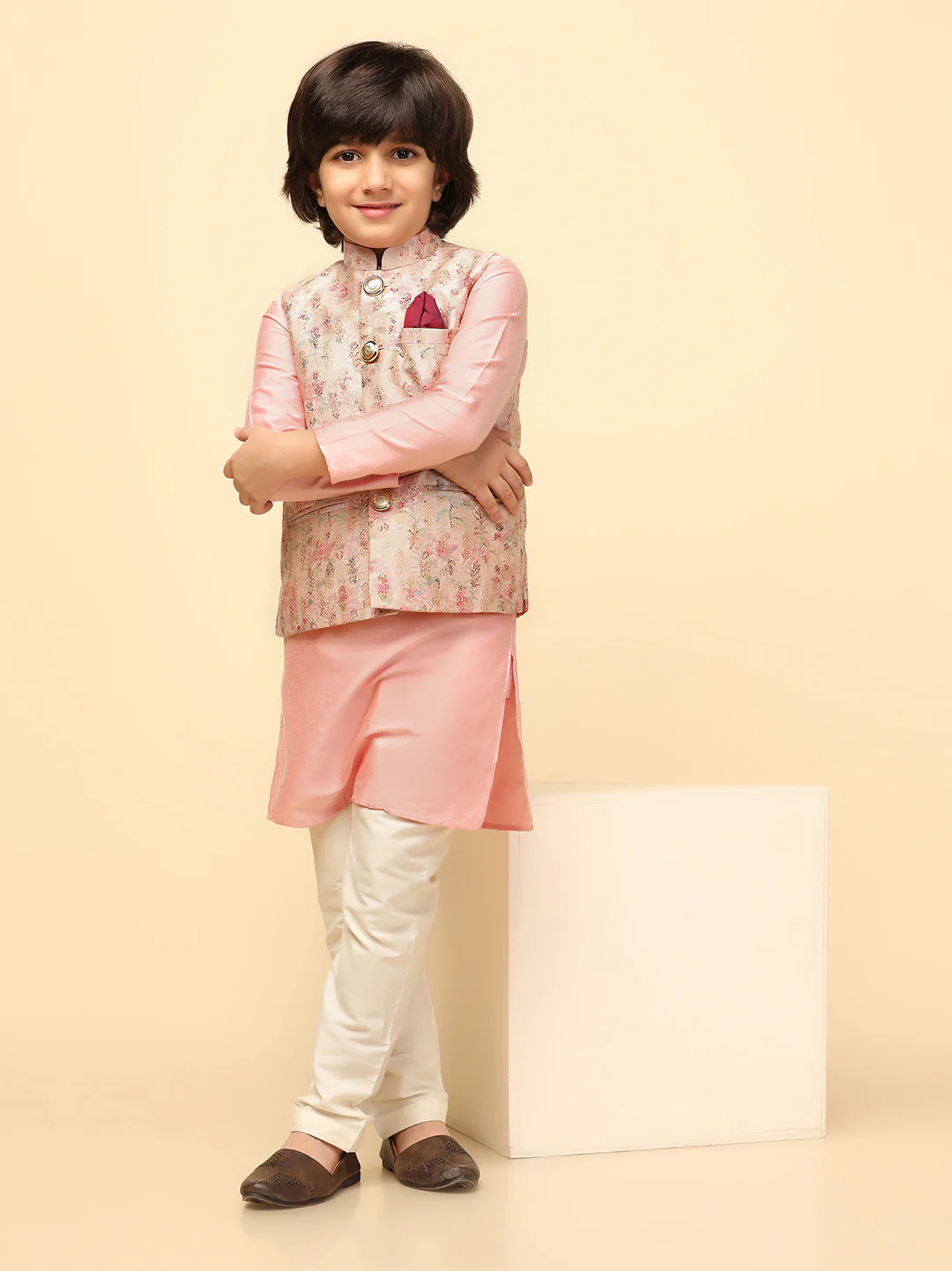 Boy's Pink Printed Kurta Jacket Churidar - Image 7