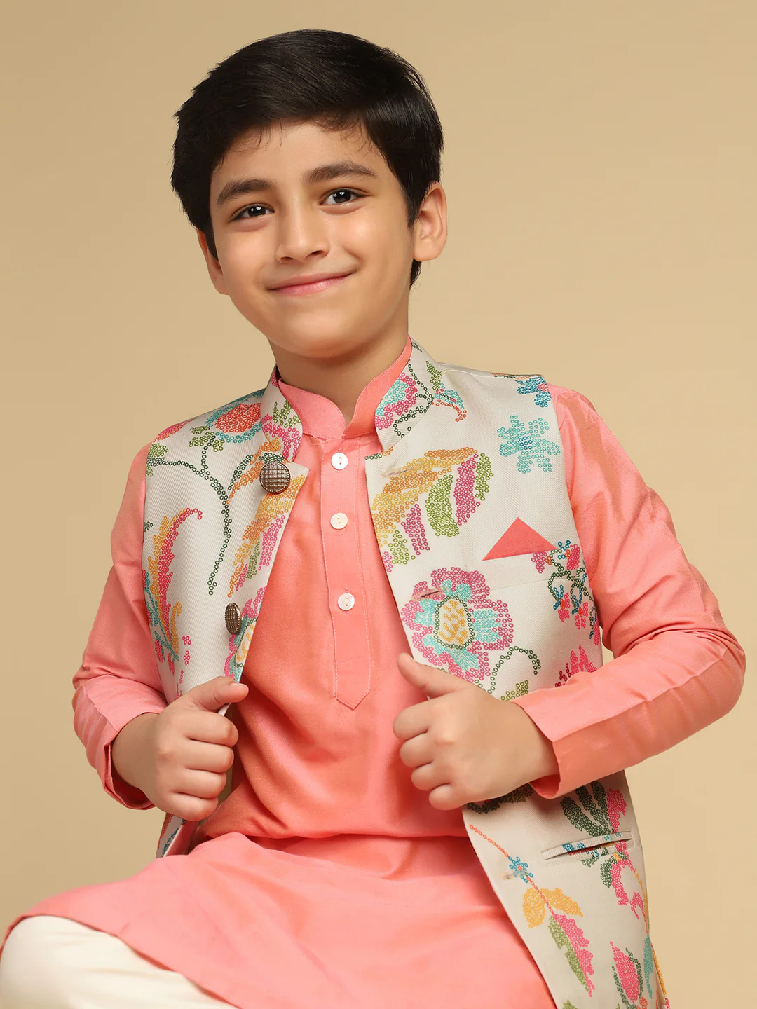 Boy's Multi Printed Bandhani Kurta Nehru Jacket Pyjama Set - Image 8