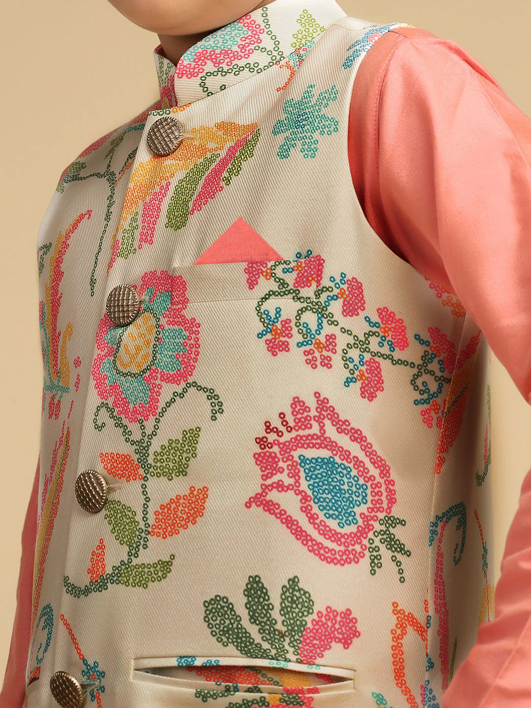 Boy's Multi Printed Bandhani Nehru Jacket - Image 5