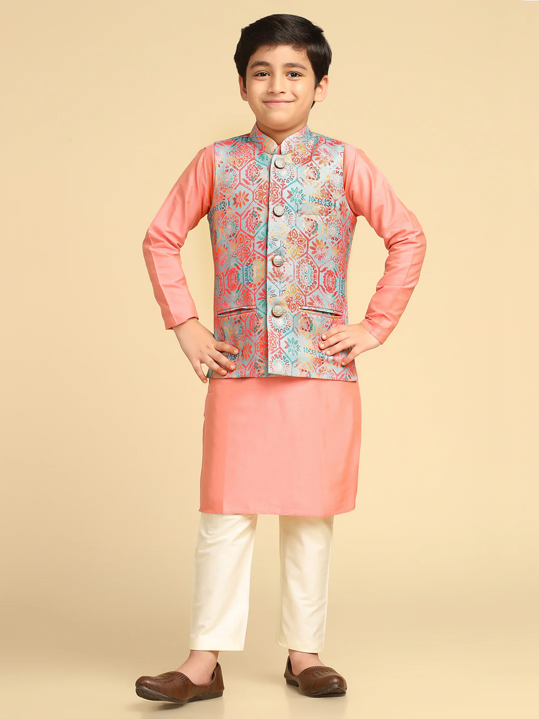 Boy's Multi Printed Ethnic Motifs Kurta Nehru Jacket Pyjama Set