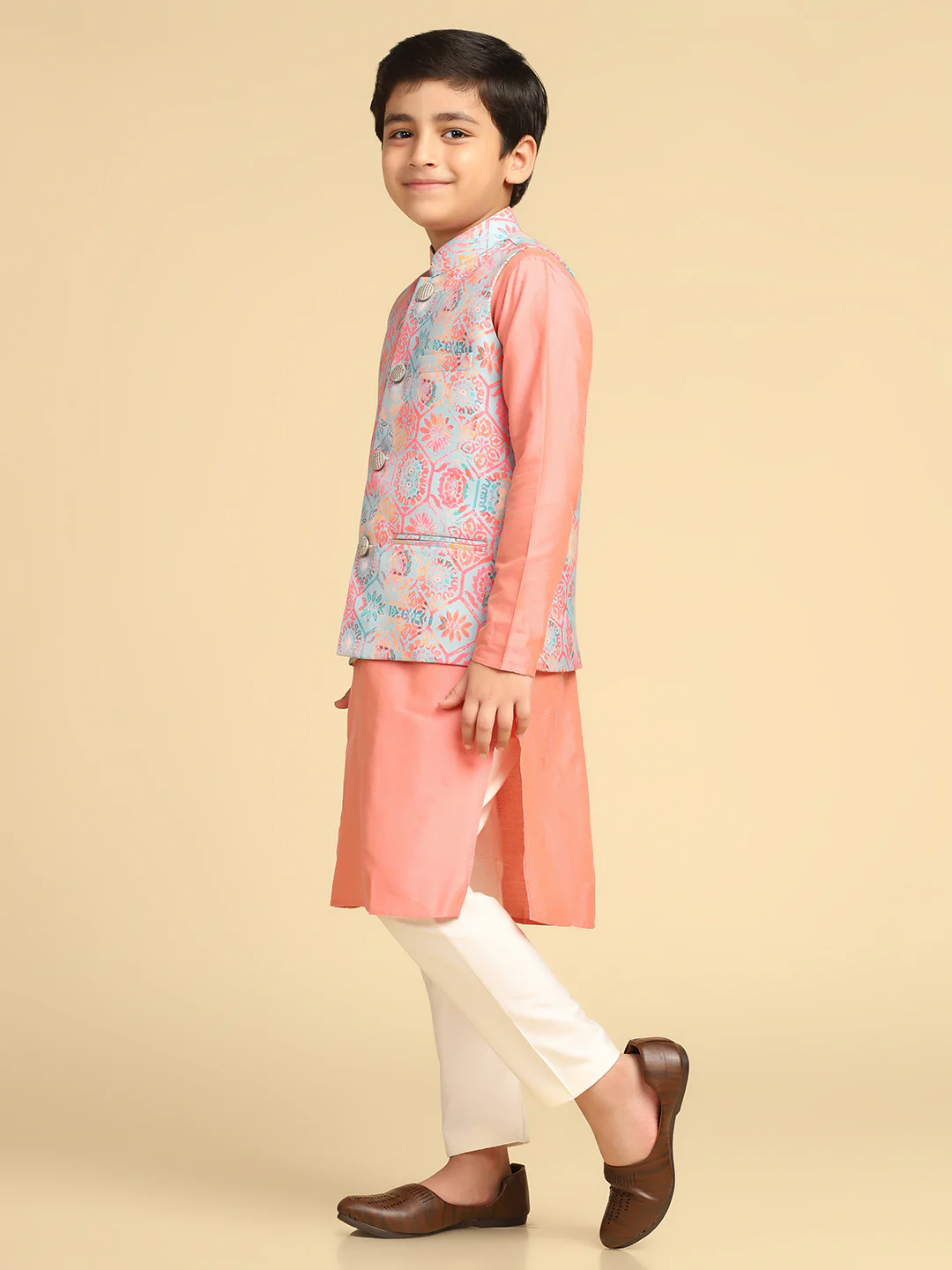 Boy's Multi Printed Ethnic Motifs Kurta Nehru Jacket Pyjama Set - Image 2