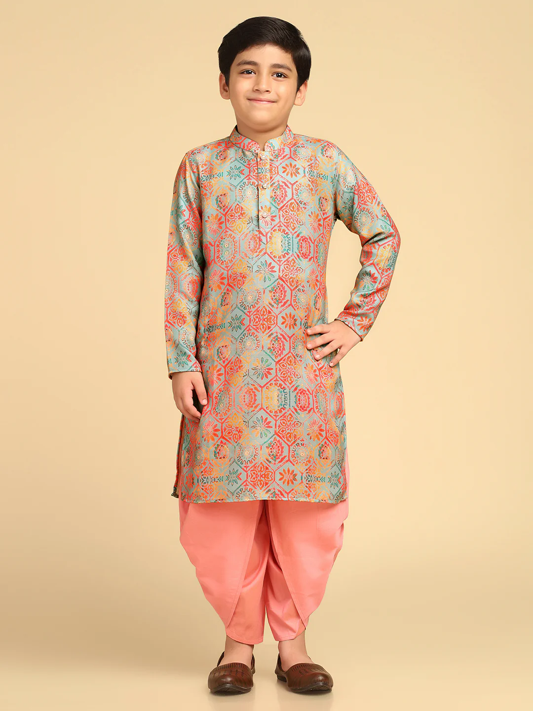 Boy's Multi Printed Geometric Kurta Dhoti Set