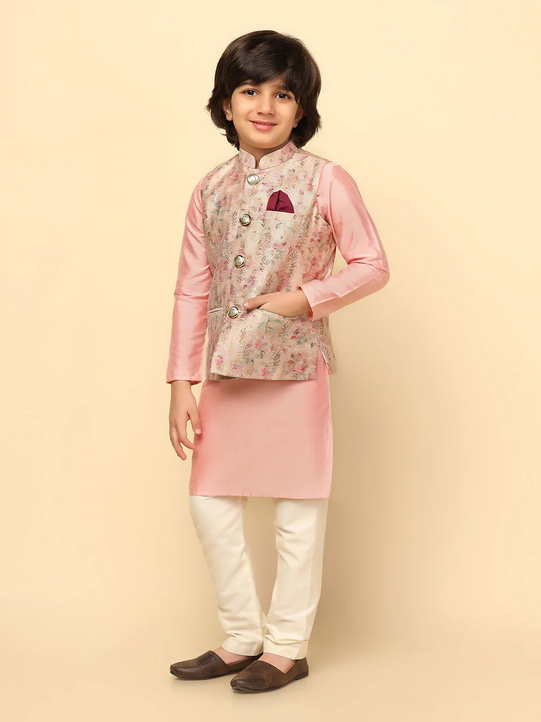Boy's Multi Colour Jacquard Nehru Jacket - Image 3