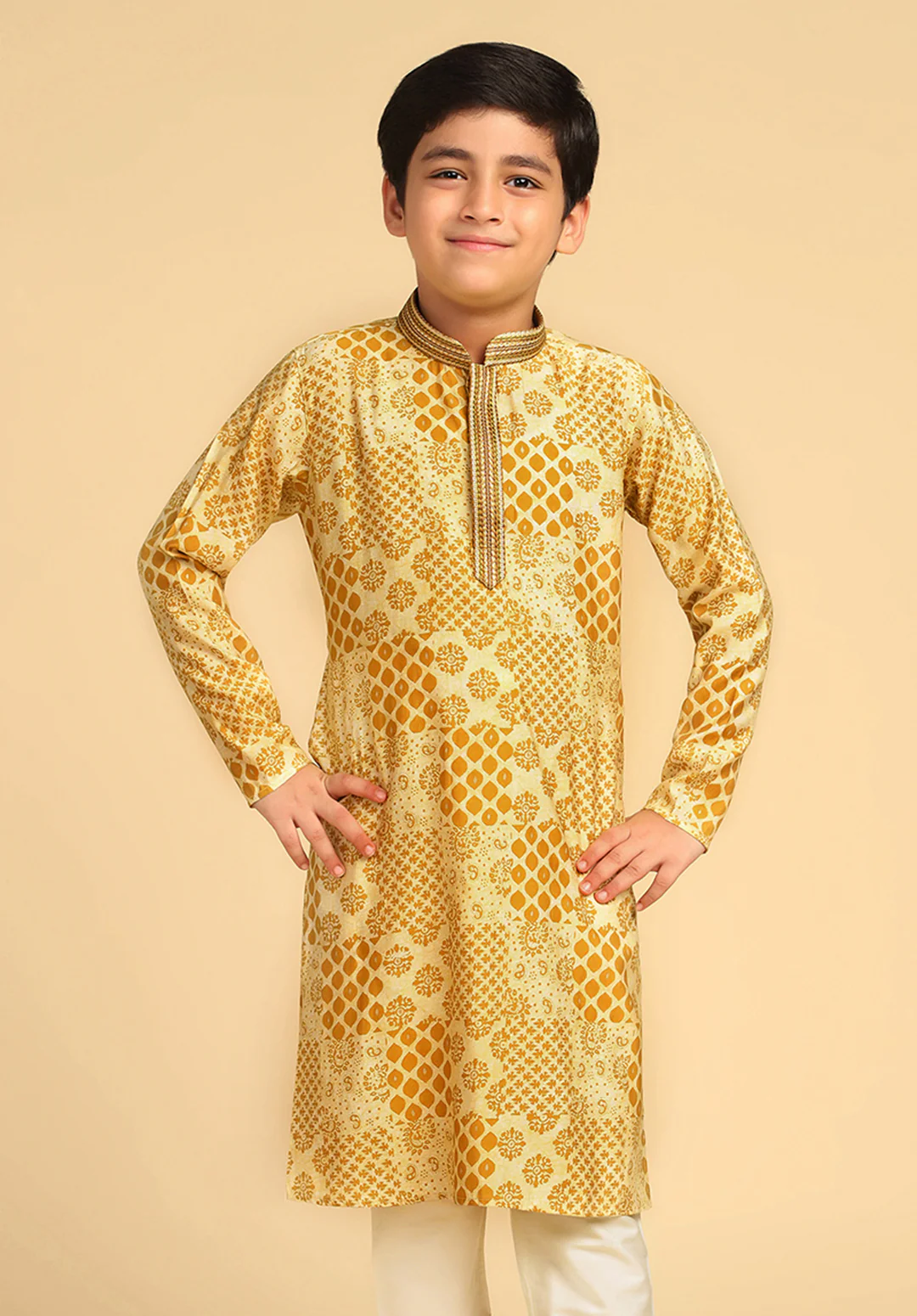 Boy's Mustard Printed Ethnic Motifs Kurta