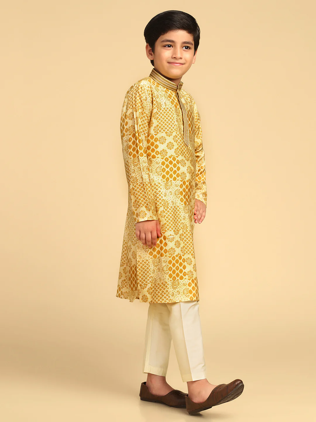 Boy's Mustard Printed Ethnic Motifs Kurta - Image 2