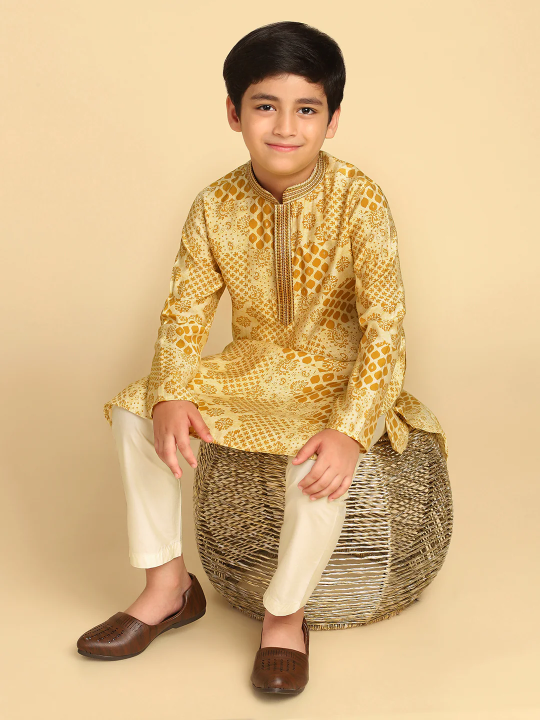 Boy's Mustard Printed Ethnic Motifs Kurta - Image 6