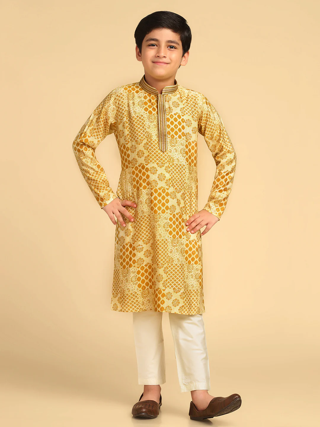 Boy's Mustard Printed Ethnic Motifs Kurta Pyjama Set