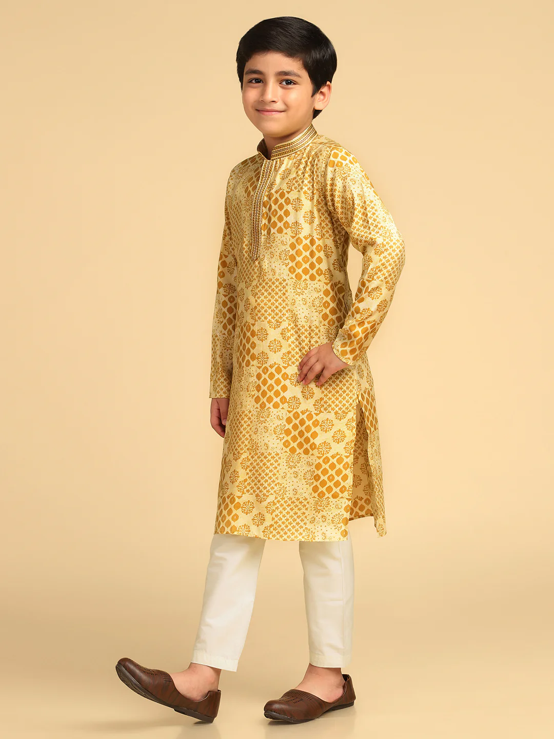 Boy's Mustard Printed Ethnic Motifs Kurta Pyjama Set - Image 3