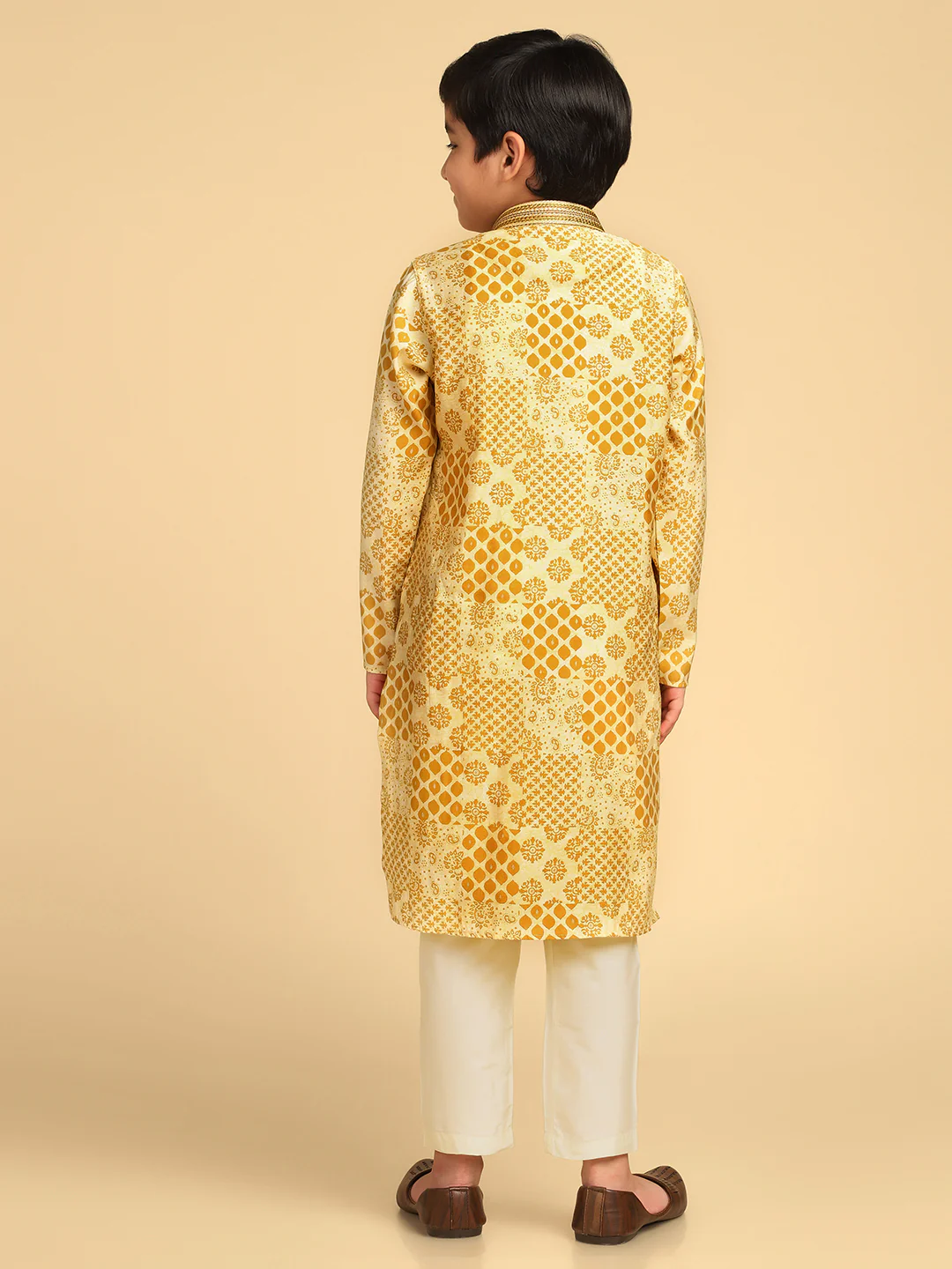 Boy's Mustard Printed Ethnic Motifs Kurta Pyjama Set - Image 4