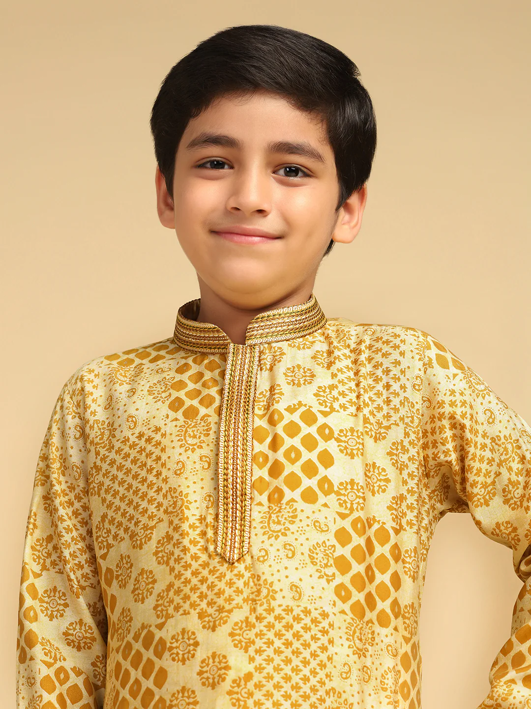 Boy's Mustard Printed Ethnic Motifs Kurta Pyjama Set - Image 8