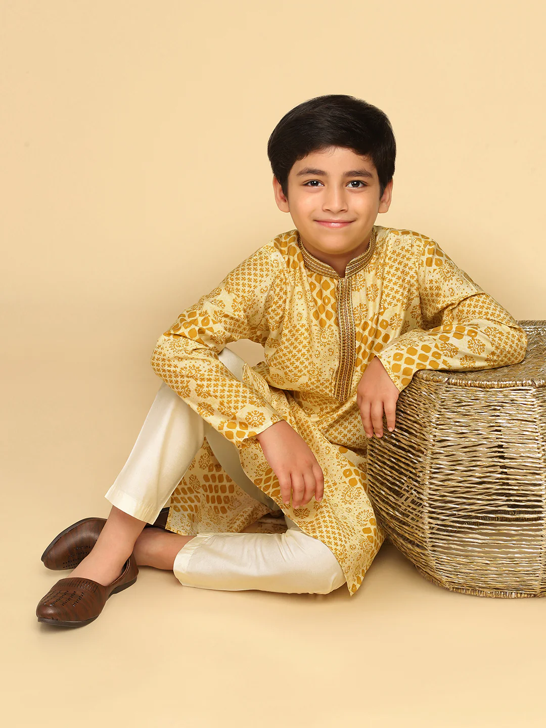 Boy's Mustard Printed Ethnic Motifs Kurta Pyjama Set - Image 9