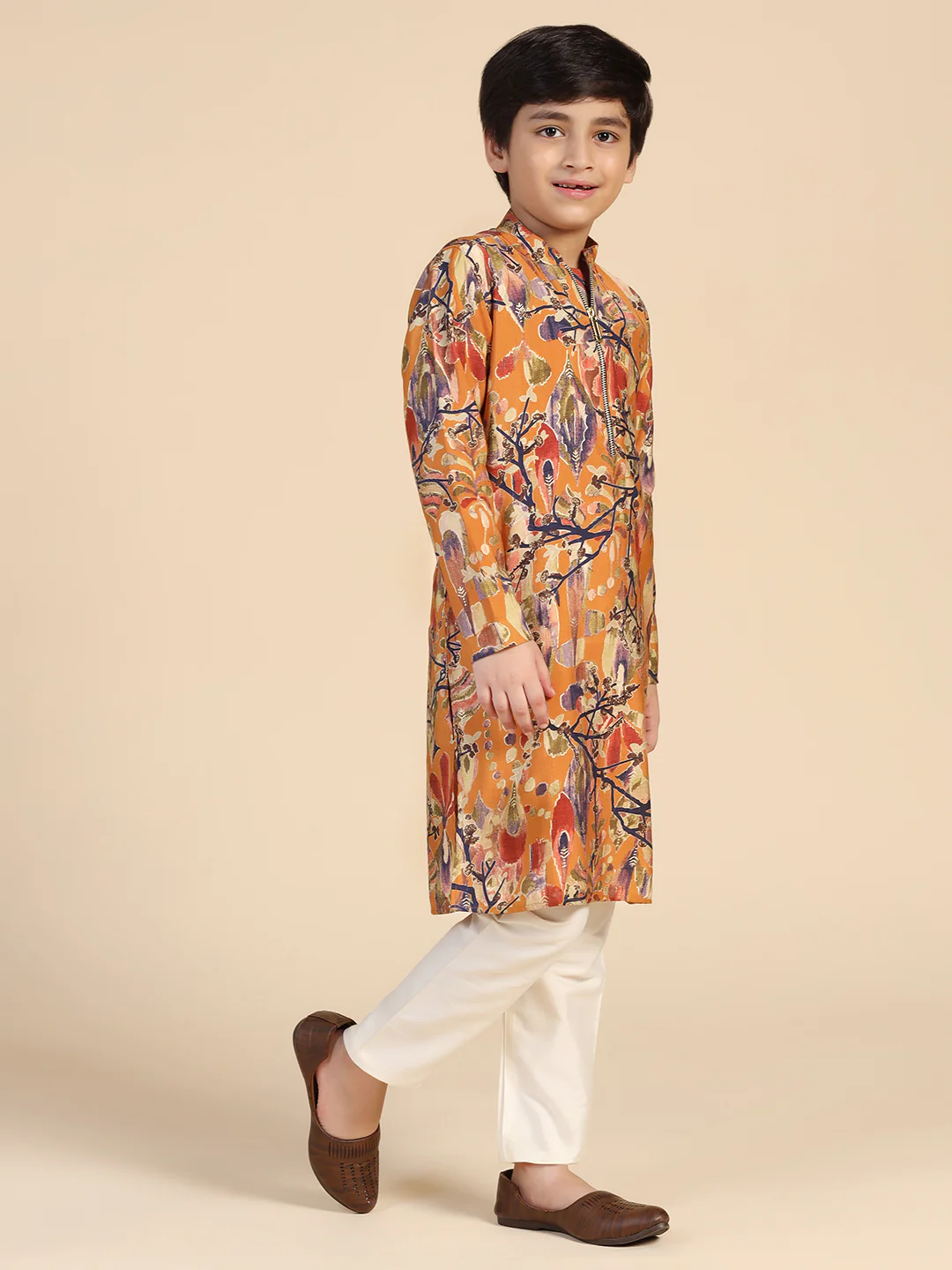 Boy's Mustard Printed Kurta - Image 2