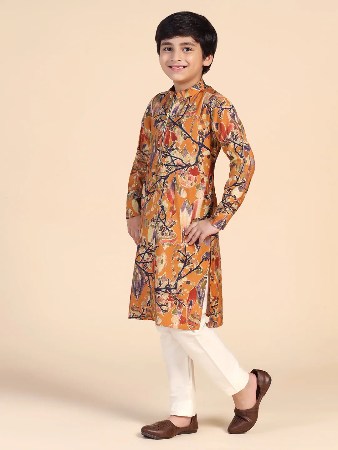Boy's Mustard Printed Kurta Pyjama Set - Image 3