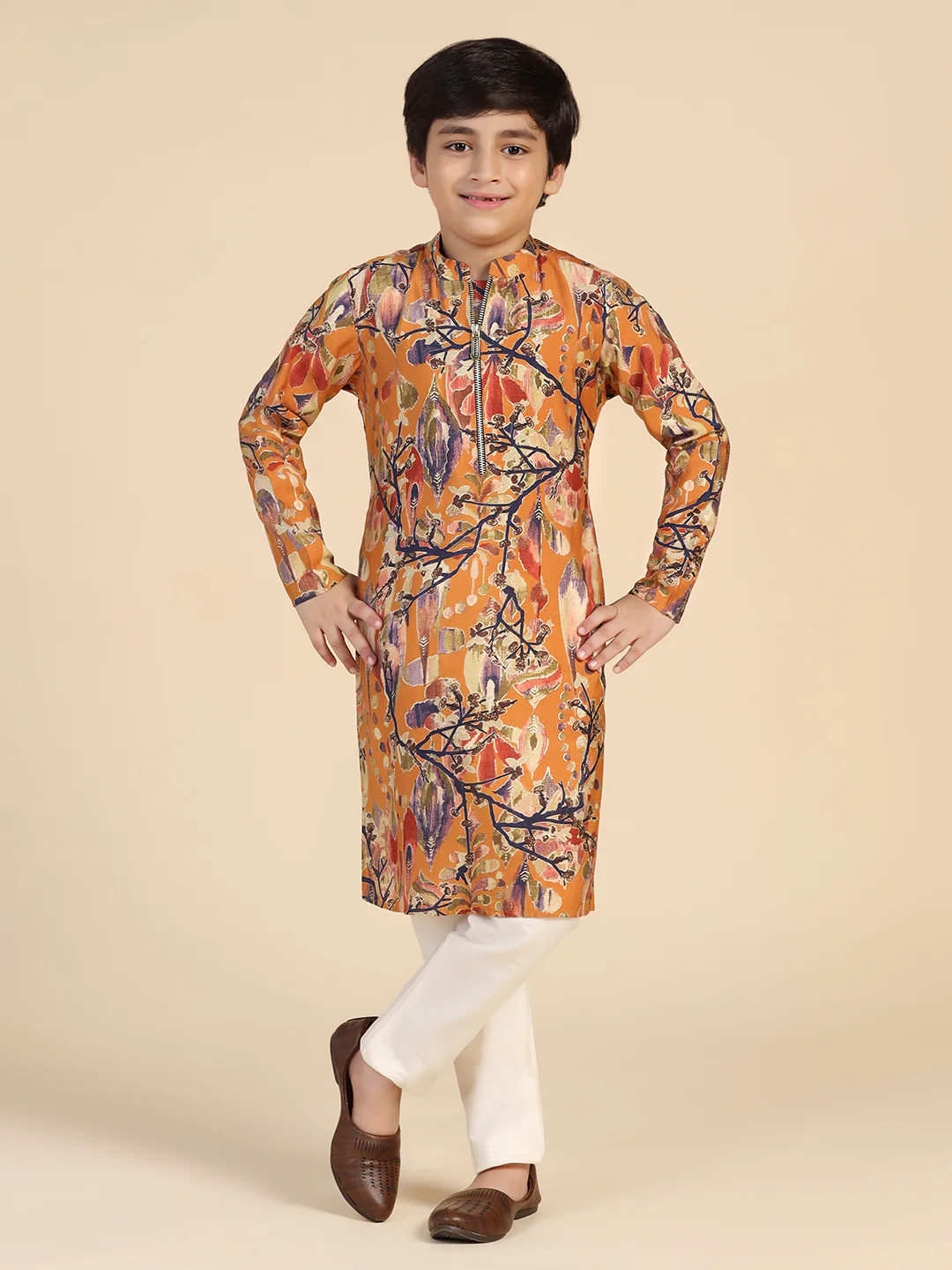 Boy's Mustard Printed Kurta Pyjama Set - Image 7