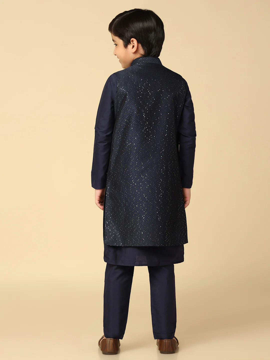 Boy's Navy Blue Embellished Sequinned Kurta Nehru Jacket Pyjama Set - Image 4