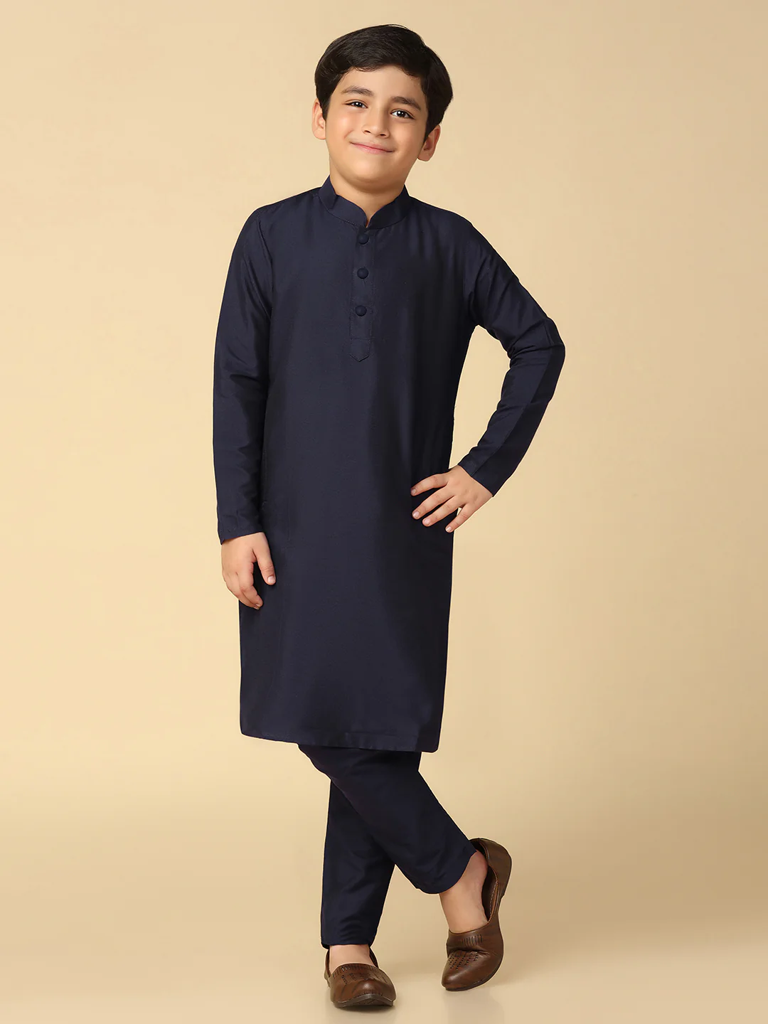 Boy's Navy Blue Embellished Sequinned Kurta Nehru Jacket Pyjama Set - Image 7
