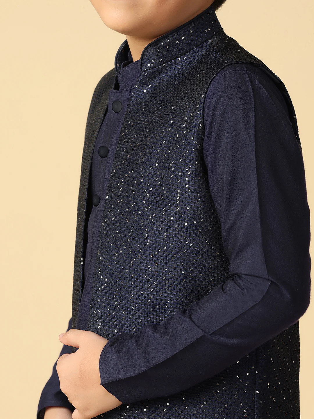 Boy's Navy Blue Embellished Sequinned Nehru Jacket - Image 5