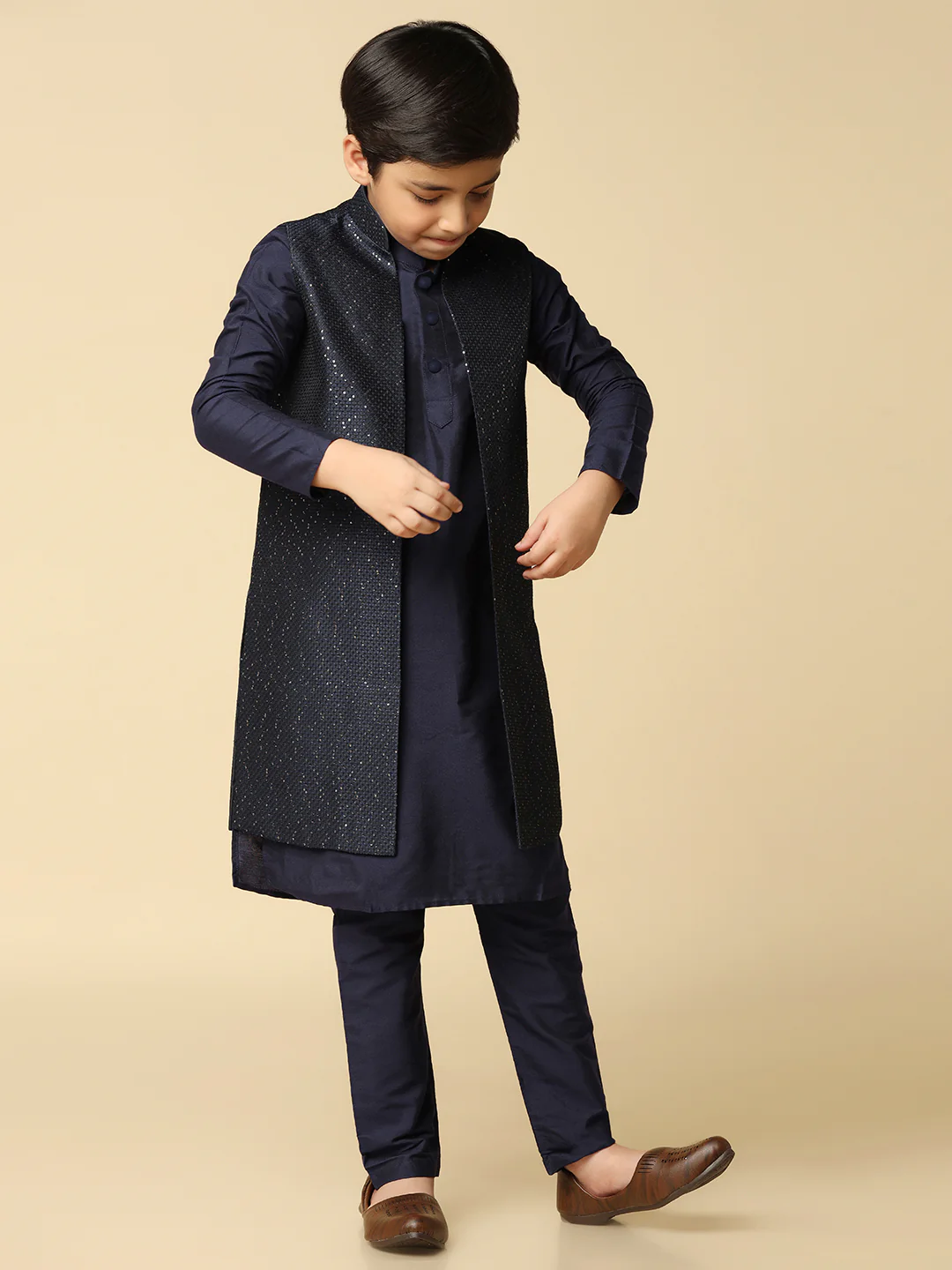 Boy's Navy Blue Embellished Sequinned Nehru Jacket - Image 6