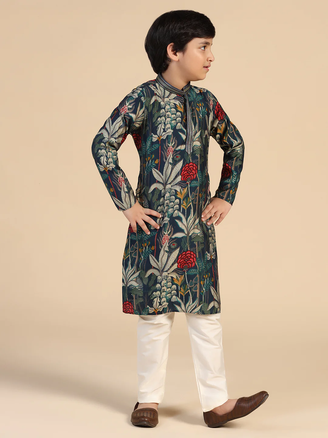 Boy's Navy Blue Floral Kurta - Image 2